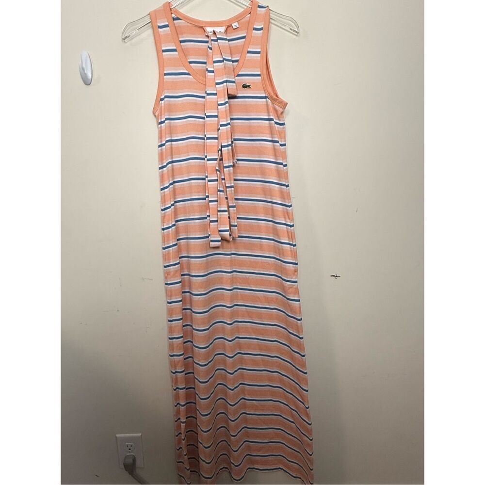 Lacoste Women's Sleeveless Striped Belted Maxi Tank Dress Orange 4 Summer Beachy